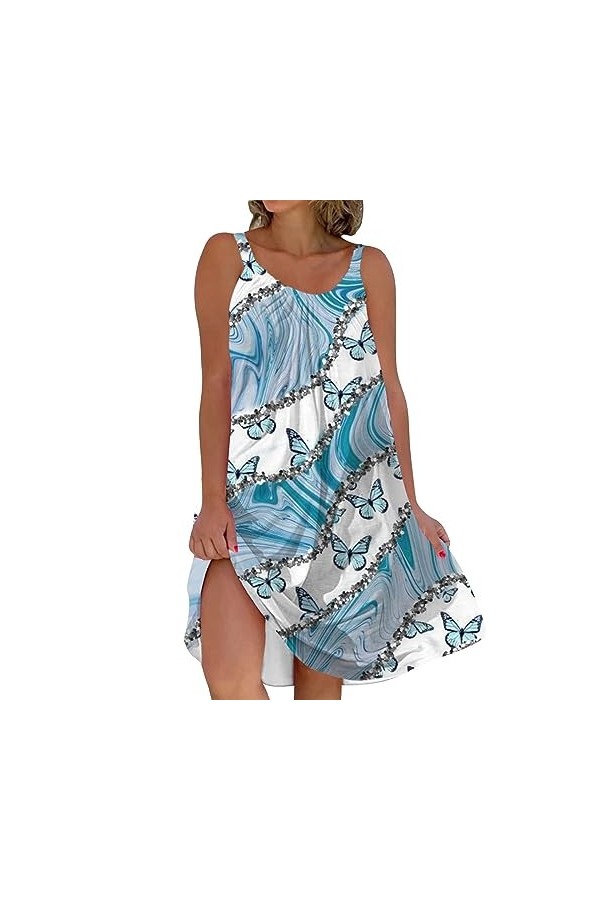 BIISDOST Robe Serrée Courte Sexy Mode Polyvalente Robe à Bretelles Imprimé Rétro pour Femme Robe Floral Élégante, bleu, XXXXL