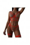Ensemble lingerie en satin pour femme, sexy, transparent, dentelle, lanières lumineuses, sous-vêtements sexy, rouge, M