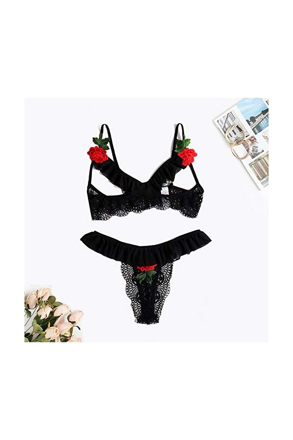 Ensemble pyjama sexy sexy avec dentelle brodée exquise pour femme, Noir , XXL