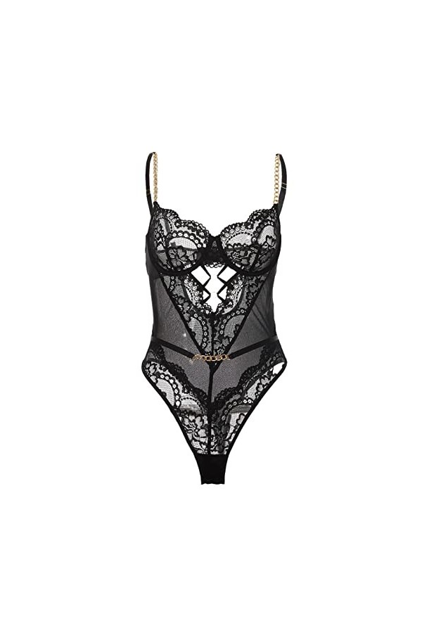 Ghemdilmn Lingerie sexy écolière sexy pour femme avec corde suspendue, froncée dos nu combinaison en dentelle en métal sous-v