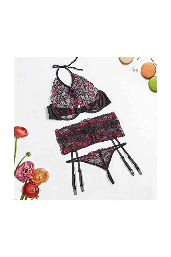 UOWEG Bra Underwire Jarter Plus Broderie Taille Culotte Lingerie Hollow Sexy Femmes Ensemble Menstruelle Dentelle Black, M 