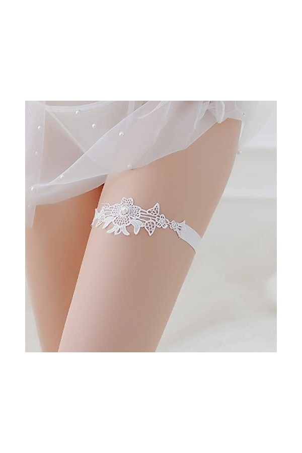Jarretière en dentelle avec perles pour mariage, mariage, sexy dentelle florale blanche, extensible porte-jarretelles bague d