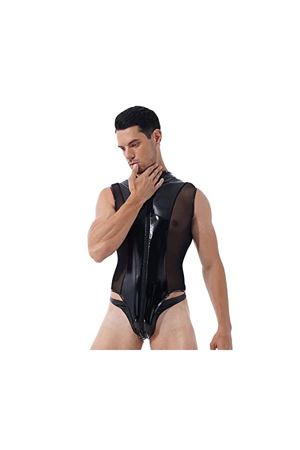 Kaerm Body Sexy Homme Combinaison String T-Shirt Latex Cuir Verni Métallisés Débardeur Top Brillant sans Manche Clubwear Ling