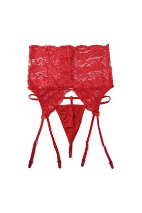 ROSVAY Porte-Jarretelle Sexy en Dentelle Taille Haute avec 4 Pinces Réglables et G-String Porte-Jarretelle Coquine Transparen