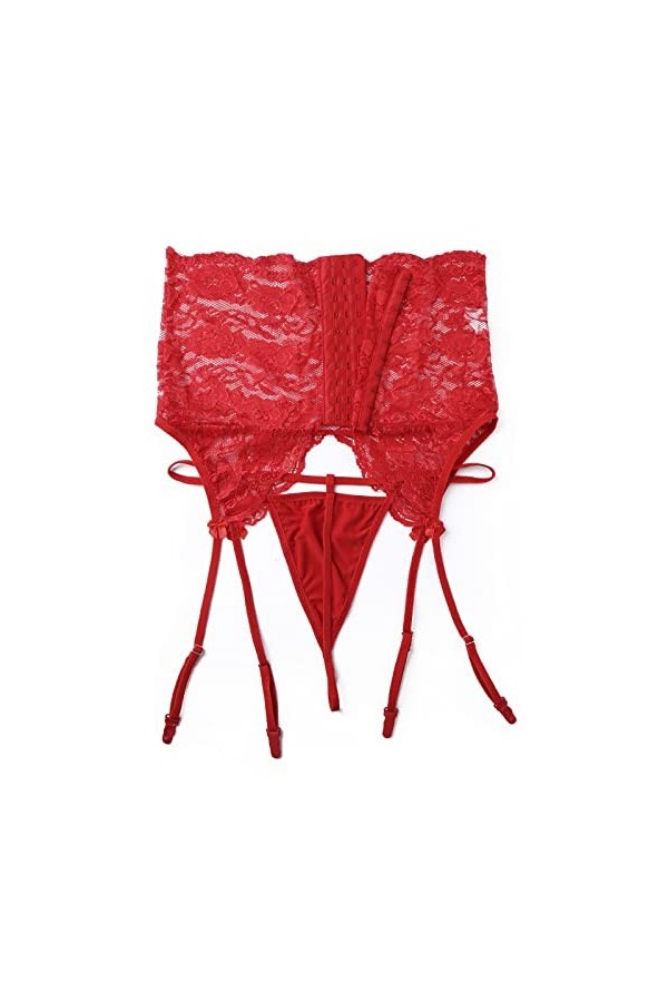 ROSVAY Porte-Jarretelle Sexy en Dentelle Taille Haute avec 4 Pinces Réglables et G-String Porte-Jarretelle Coquine Transparen