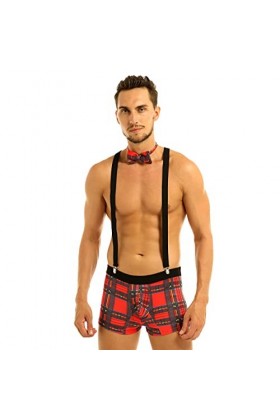 Jowowha Homme Sissy Uniforme Serveur Lingerie Sexy Coquine Hot sous-Vêtement Ensemble 4 Pièces Boxer Briefs+ Collier+ Bracele