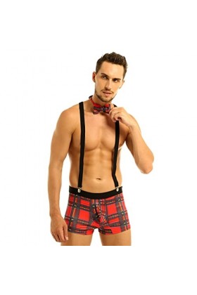 Jowowha Homme Sissy Uniforme Serveur Lingerie Sexy Coquine Hot sous-Vêtement Ensemble 4 Pièces Boxer Briefs+ Collier+ Bracele