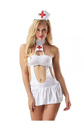 Acizi Ensemble de Costume Cosplay Infirmière Uniforme Nightie Lingerie pour Femmes, Blanc, Taille Libre