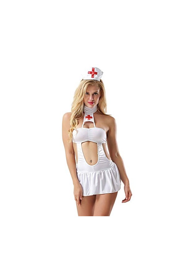 Acizi Ensemble de Costume Cosplay Infirmière Uniforme Nightie Lingerie pour Femmes, Blanc, Taille Libre