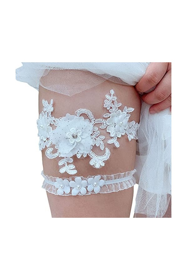 KPTENG Anneaux de Cuisse de Mariage Extensibles pour Femmes, 2 pièces/Ensemble, Broderie de Fleurs, Fausses Perles