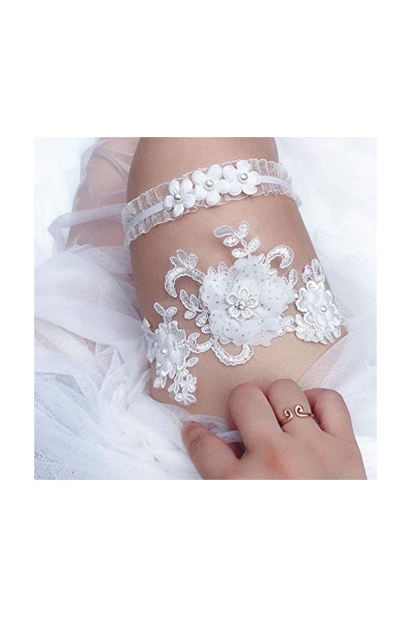 KPTENG Anneaux de Cuisse de Mariage Extensibles pour Femmes, 2 pièces/Ensemble, Broderie de Fleurs, Fausses Perles