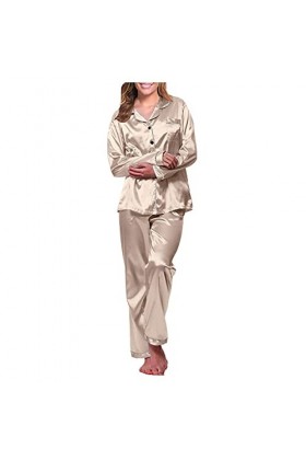 Ensemble de Pyjama Femme 2 Pièces Pyjama en Satin De Soie avec Poches Manche Longue Classique Vetements de Nuit V Cou Top Bou