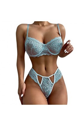 Pyjama sexy en dentelle avec anneau en acier et nœud - Bleu clair - Taille L