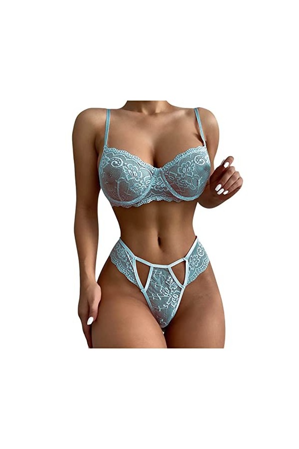 Pyjama sexy en dentelle avec anneau en acier et nœud - Bleu clair - Taille L