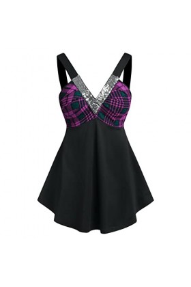 Femmes Sexy Plaid Sequin Colorblock Deep V Wrap Chest Wide Sling Mini Dress Robe Tube Sexy Purple, S 