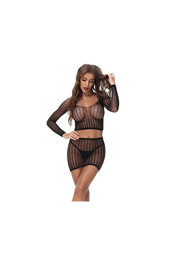 UOWEG Ensemble de sous-vêtements de Pyjamas Transparents pour Femmes en Maille avec Jupe Sexy Lingerie Originale Black, One 