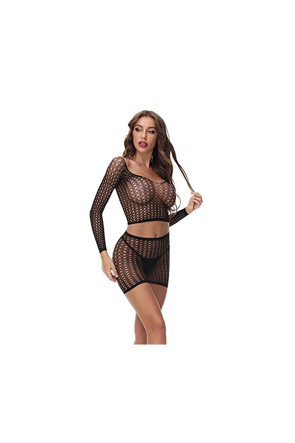 UOWEG Ensemble de sous-vêtements de Pyjamas Transparents pour Femmes en Maille avec Jupe Sexy Lingerie Originale Black, One 