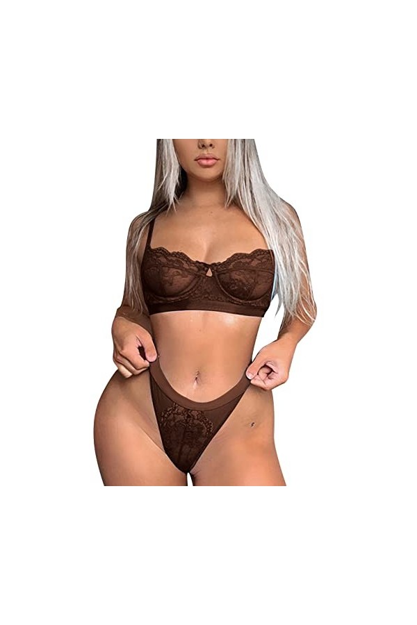 liaddkv Soutien-gorge et culotte en dentelle pour femme - Ensemble de lingerie sexy en résille, café, S