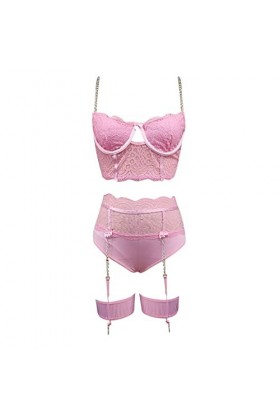 liaddkv Ensemble de lingerie sexy en dentelle pour femme avec soutien-gorge et culotte à taille haute, Rose, M
