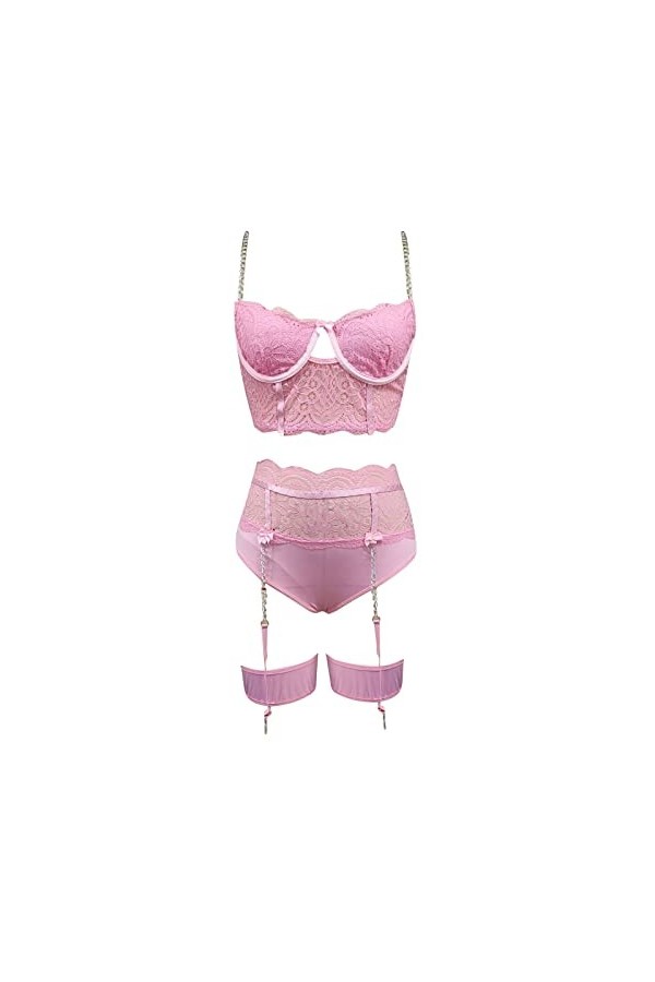 liaddkv Ensemble de lingerie sexy en dentelle pour femme avec soutien-gorge et culotte à taille haute, Rose, M