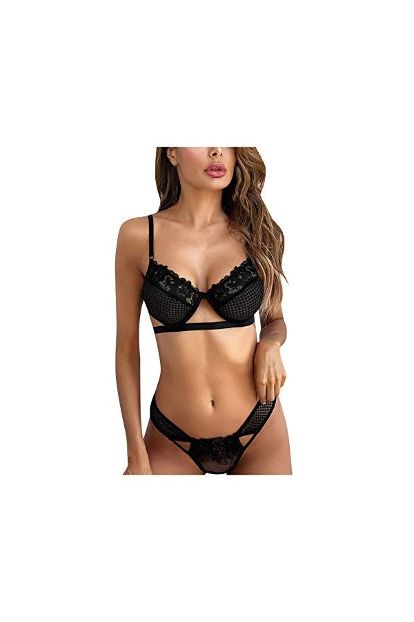 liaddkv Ensemble de sous-vêtements sexy en dentelle pour femme, Noir , S