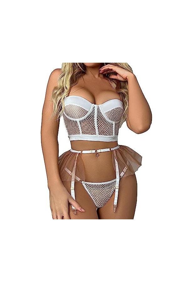 ZDJSWJ sous-vêtements à Lacets en Maille pour Femmes Soutien-Gorge en Dentelle et Culotte Ensemble Lingerie Teddy Doll Combin