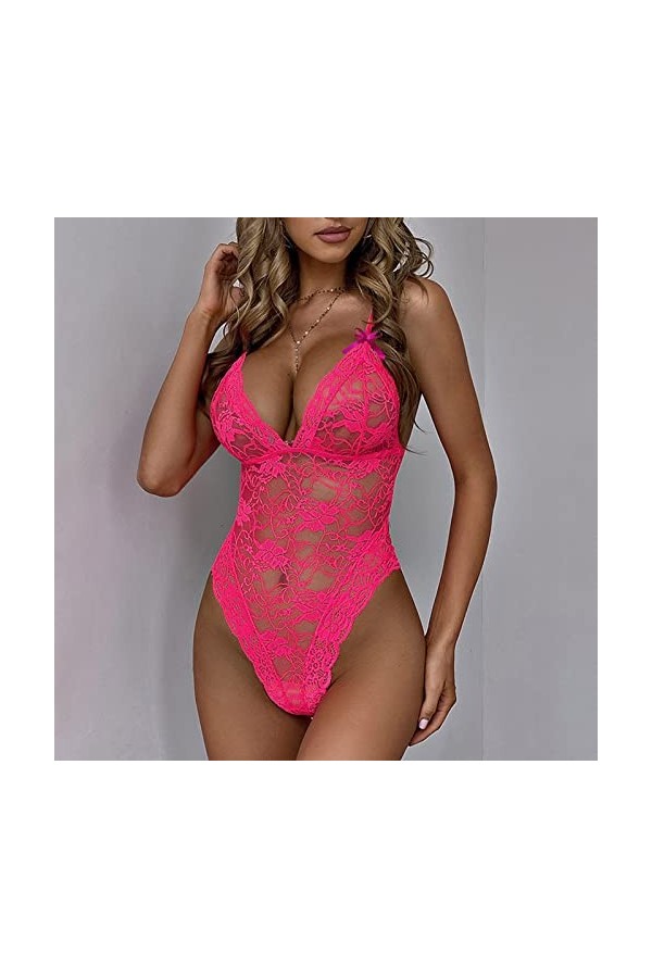 IQYU Bodysuit sexy sexy en dentelle à la mode Sous-vêtements pyjamas Anneau en acier Bretelles Push Bustier Femme, Rose, S