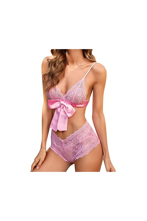 Ensemble de lingerie sexy en dentelle pour femme - Rose clignotant - Lingerie sexy en latex, Rose, M