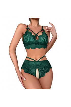Générique Femmes Sexy Dentelle Lingerie Culotte Deux Pièces Fleur Voir À Travers Ensemble Lingeries Coquines Et Sexy Green, 