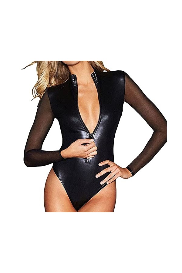 Générique Body en Cuir Sexy à Manches Longues pour Femmes avec Fermeture éclair Avant et Maille Noire Combi Pantalon Sexy Bl