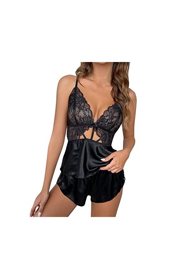 Ncenglings Peignoir Soie Nuisette Pantalon Lingerie Sexy pour Femmes Pyjamas de vêtements de Maison séduisants en Dentelle Se