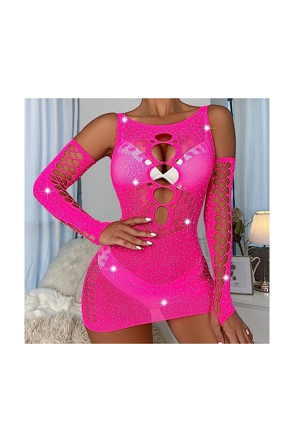 Lingerie Sexy Femme Grande Taille Brassière Robe en Maille à Manches Longues pour Femmes, Couleur Unie, Sexy, Chaud, sous-vêt