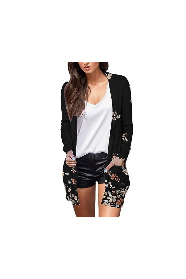 Gefomuofe Cardigan long pour femme - Couleur unie - Léger - Été - Manches longues - Cardigan ouvert - Imprimé floral - Chemis