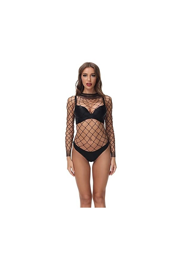 UOWEG Femmes Lingerie Manches Longues Body Sexy Mesh Teddy sous-Vêtements Robe Sexy Black, One Size 