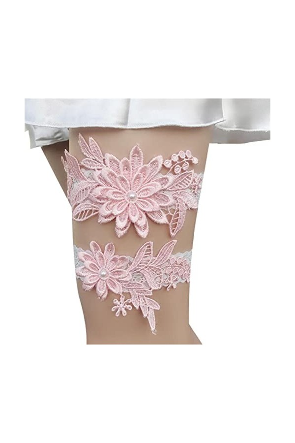 Jildouf Jarretières pour mariée - Dentelle avec marguerites et perles - Élastique et cousu à la main, jarretelles, ceinture e