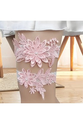 Jildouf Jarretières pour mariée - Dentelle avec marguerites et perles - Élastique et cousu à la main, jarretelles, ceinture e