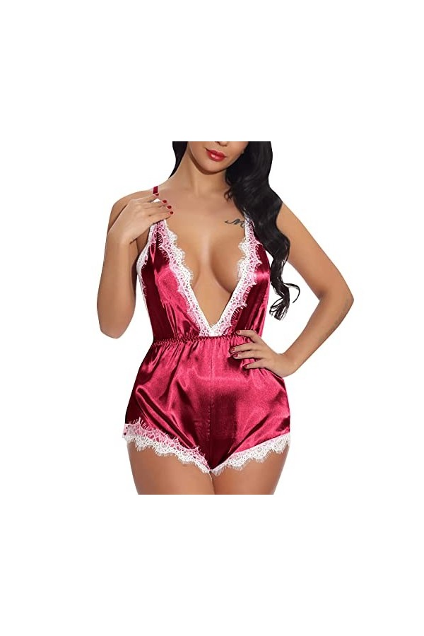 liaddkv Femmes Sexy Dentelle Dentelle Lingerie Dos Stretch Sling Bodysuit Pyjama Robe Lingerie Sexy, rouge, XXL