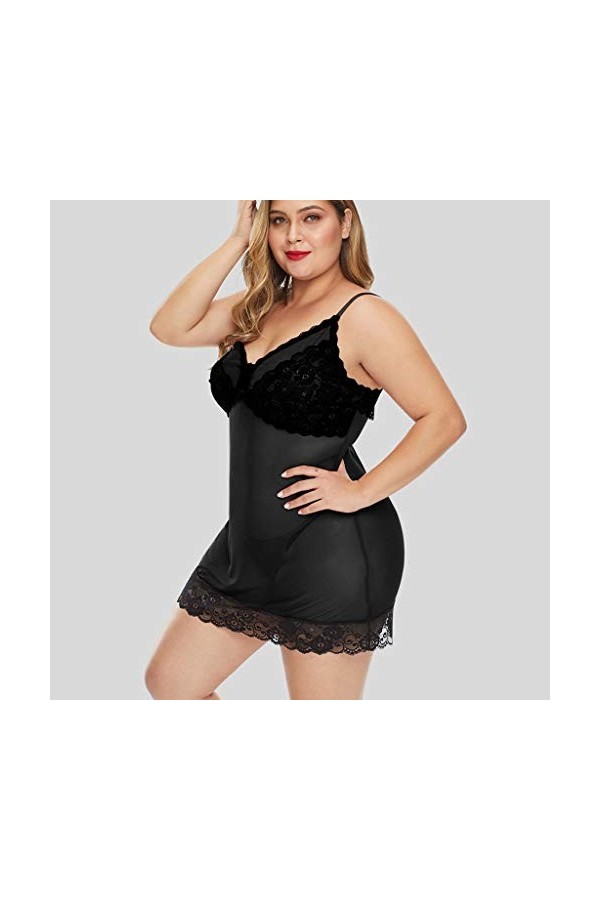 PANPANY Lingerie sous-vêtements Sexy Nightdress Dentelle Pyjama Sleepwear String Adolescente Fille Black, XL 