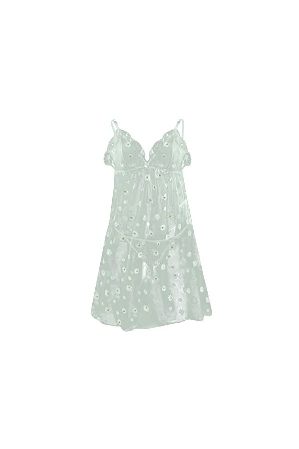 PANPANY Lingerie Sexy pour Femmes Chemise de Nuit Transparente à Bretelles Florales délicates Tenue Noël White, XXL 