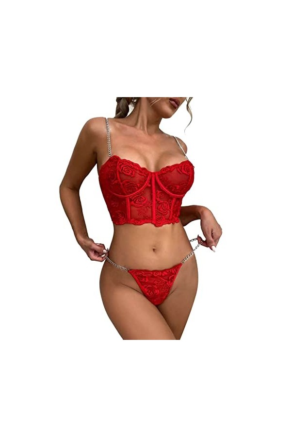 liaddkv Lingerie sexy pour femme 2 pièces Ensemble de lingerie avec armatures, soutien-gorge côtelé et culotte pour la Saint-