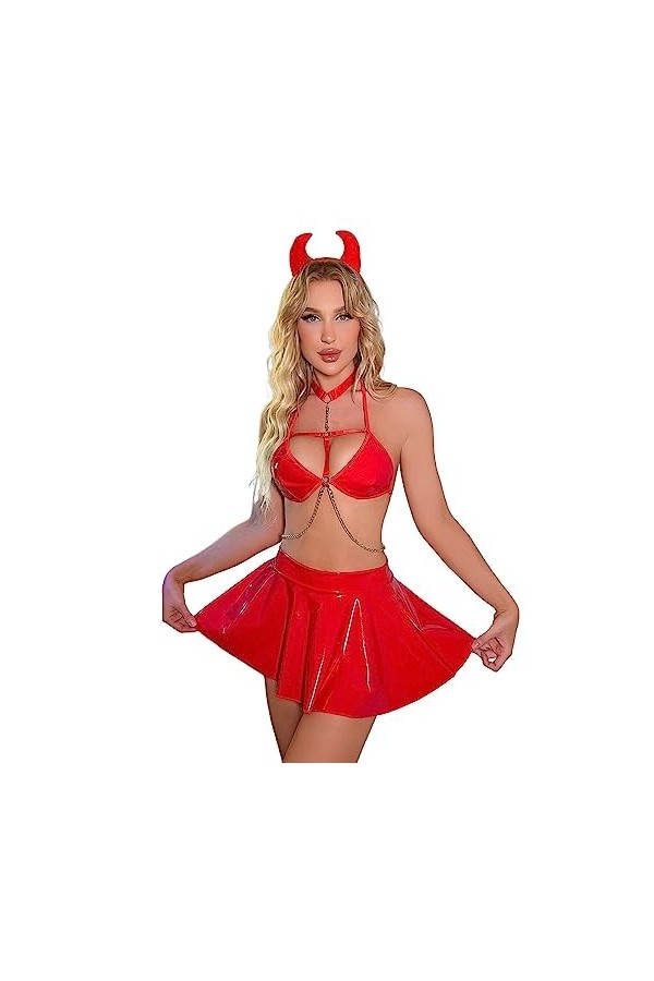 Ensemble de lingerie boudoir sexy en cuir laqué avec chaîne en métal pour femme 2024, Rouge, M