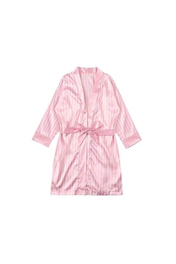 Robe courte en satin rayée soyeuse pour femme - Robe de chambre kimono sexy - Col en V - Pour mariage, fête, salon - Avec cei