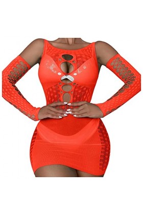 UOWEG sous-vêtements pour Femmes à Manches Longues en Maille Transparente Lingerie Sexy Creuse Jarretelles Sexy Orange, One 