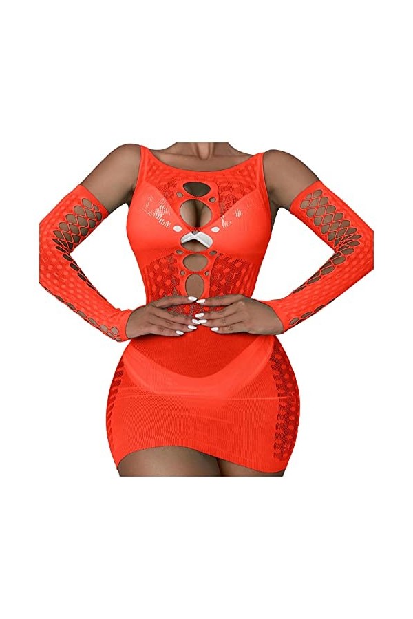 UOWEG sous-vêtements pour Femmes à Manches Longues en Maille Transparente Lingerie Sexy Creuse Jarretelles Sexy Orange, One 