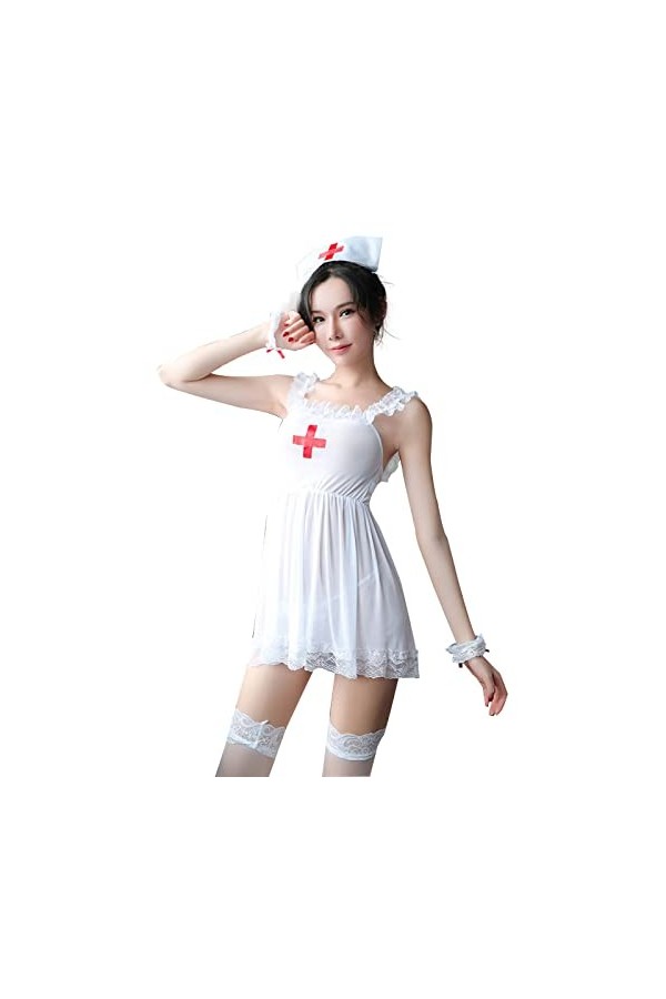 UOWEG Ensemble de costume sexy pour femme, jeu de rôle, sous-vêtements, robe de cosplay, lingerie de famille, pyjama blanc, 
