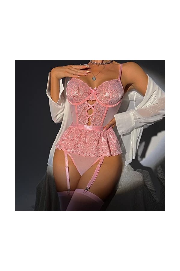 Ensemble de lingerie sexy pour femme avec soutien-gorge et culotte en dentelle, rose, M