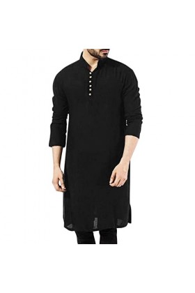 Mymyguoe Robe musulmane en lin pour homme - Manches longues - Couleur unie - Col en V - Arabe afghan - Robe longue - Arabe du