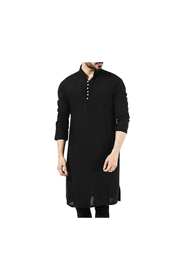 Mymyguoe Robe musulmane en lin pour homme - Manches longues - Couleur unie - Col en V - Arabe afghan - Robe longue - Arabe du