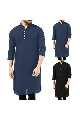 Mymyguoe Robe musulmane en lin pour homme - Manches longues - Couleur unie - Col en V - Arabe afghan - Robe longue - Arabe du