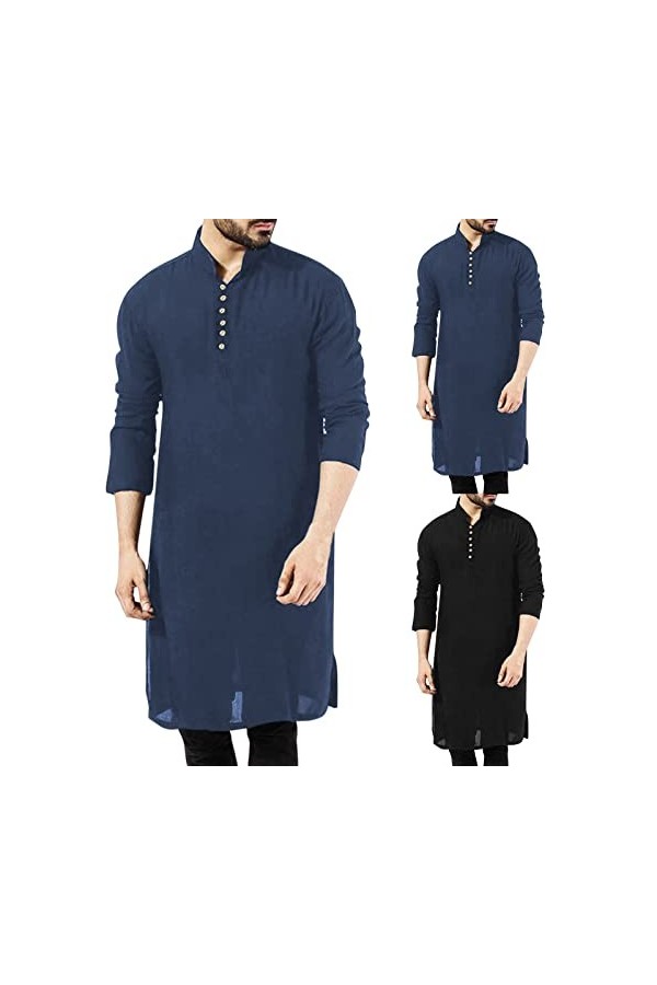 Mymyguoe Robe musulmane en lin pour homme - Manches longues - Couleur unie - Col en V - Arabe afghan - Robe longue - Arabe du